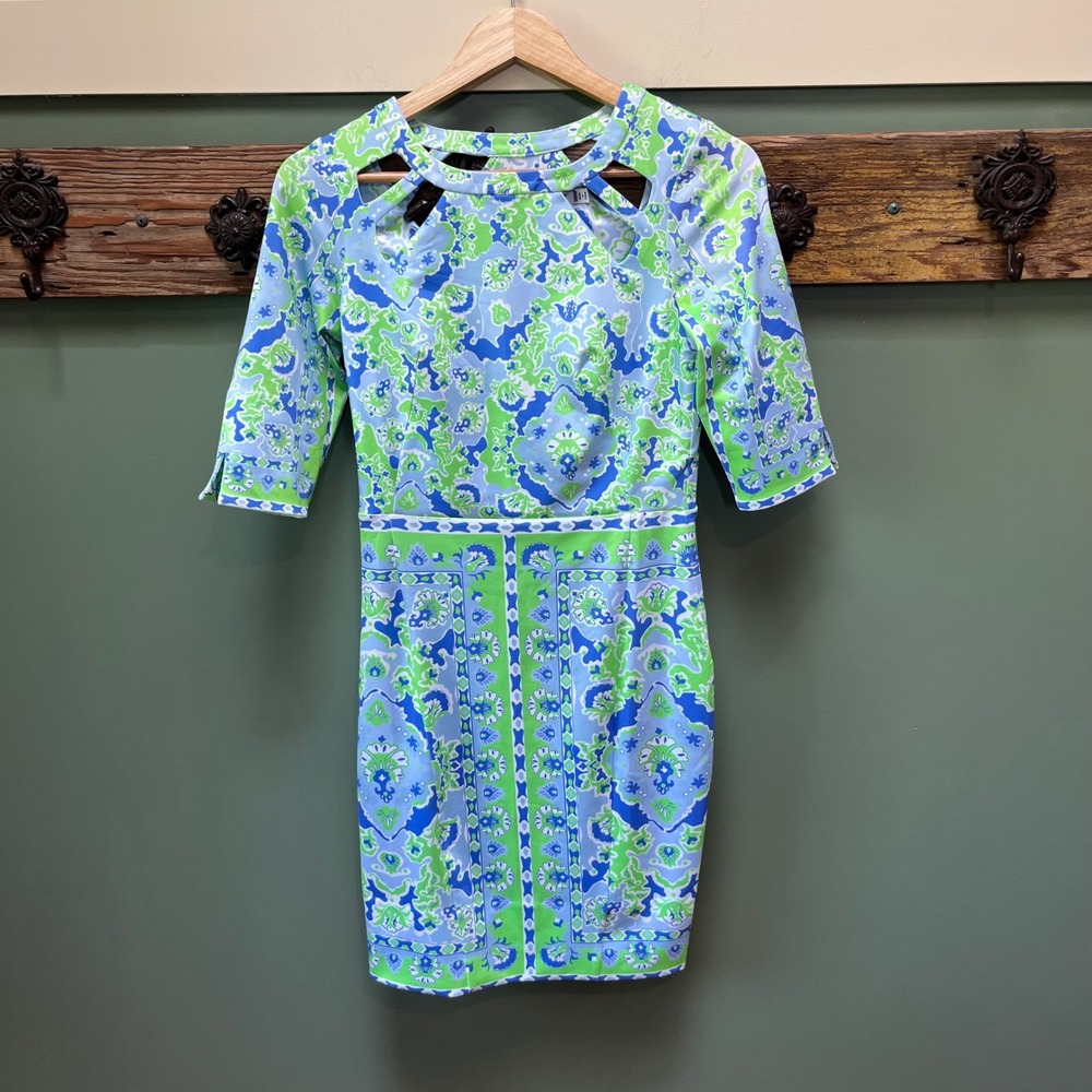 Gretchen Scott Blue Green Medallion Paisley‎ Cutout Neck Dress Small Shrimp